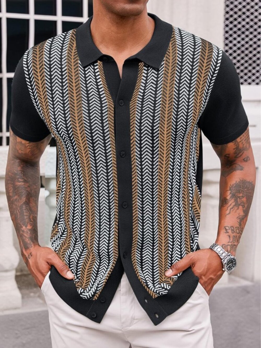 Men's Black Vintage Knit Polo Short Sleeve Casual Golf Old Money Shirt - Picture 2 of 5